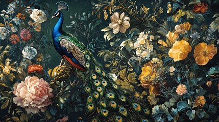Ornate Roman botanical wallpaper with a peacock perched among vibrant flowers and intricate greenery