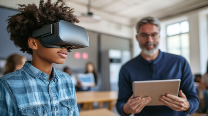 A high school student is using a VR headset while a teacher with a tablet observes.