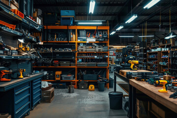 Fototapeta premium Shelves Filled with Professional Power Tools and Workshop Equipment