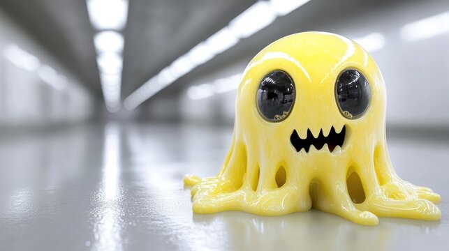 Cute yellow slime monster in a hallway.