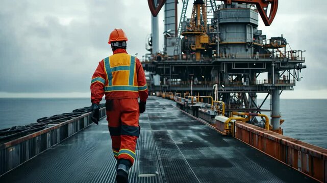 A worker in high-visibility working on wind turbines, wearing an orange hard hat and a red safety jacket with black gloves, walking towards the camera.