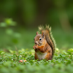 Fototapeta premium Red Squirrel Eating Nuts in Green Forest