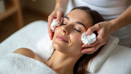 A young woman relaxes on a spa bed, enjoying a facial treatment for healthy skin
