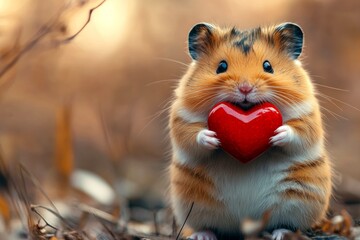 Hamster - my beloved animal. Advertising animal conceptual art. Cute hamster baby with diamond red heart on in a natural habitat. Heartwarming nature love story. Passionate animal love.