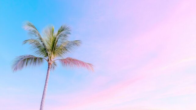 Tropical sunset, single palm tree, beach, vacation