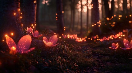 Naklejka premium Enchanted forest path, glowing flowers, sunset. Fantasy background, wallpaper