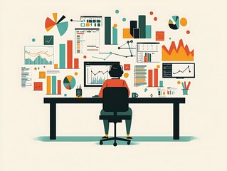 A minimalist illustration a person at a desk surrounded by geometric data charts and graphs
