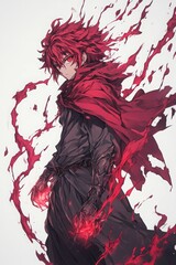 A character with fiery red hair and a cloak, wielding magic in a dynamic pose.