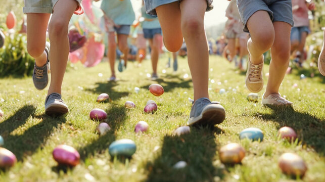 Joyful children running on grass during an Easter egg hunt celebrating spring with colorful eggs and festive excitement