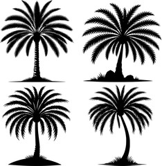 silhouettes of date tree, Tropical beach sunset with palm tree silhouettes and ocean view, perfect for vacation and paradise vibes