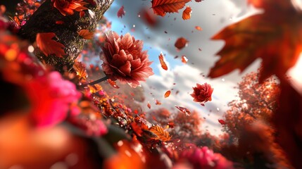 Vibrant autumn landscape with falling leaves and blooming flowers under a cloudy sky