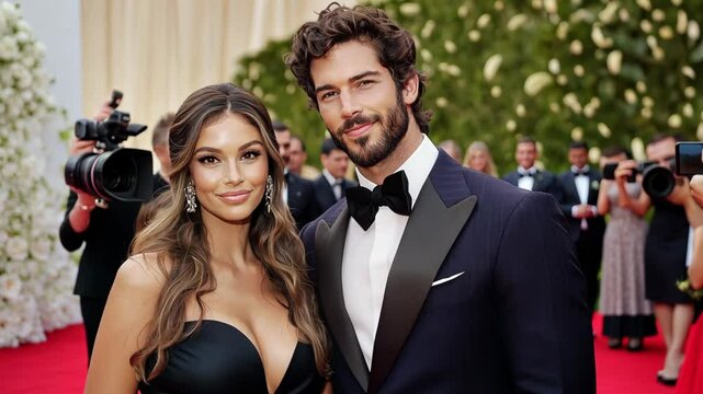 full body shot of man with dark hair and beard in suit, posing next to his beautiful wife woman at the met gala red carpet event surrounded