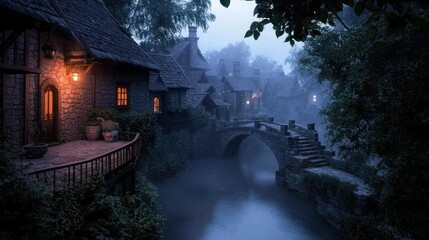 Tranquil twilight scene of ancient stone houses by a misty river, with glowing lanterns illuminating pathways