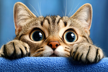 Picture of cute big-eyed kitten peeking out from behind a blue blanket. Adorable close-up of a curious cat with big eyes, perfect for pet-themed content, posters or baby products.
