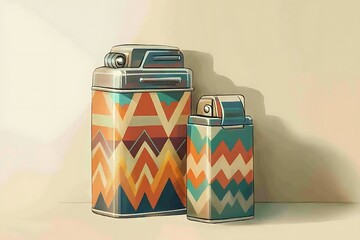 Illustrated cigarette case and lighter in retro geometric