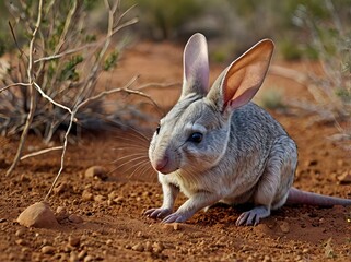 Fototapeta premium Bilby: A nocturnal, desert-dwelling marsupial from Australia with long ears and a silky coat, playing a key role in soil health through its burrowing habits.