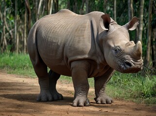 Fototapeta premium Javan Rhino: One of the rarest rhino species in the world, with fewer than 80 individuals left, found only in Ujung Kulon National Park in Indonesia.