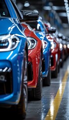 Fototapeta premium New Cars Await Final Assembly, Lined Up on the Production Line of a Modern Automobile Factory.