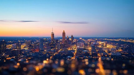 City Skyline at Sunset Blurred Aerial View
