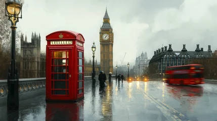 Fototapete Rund A rainy London scene featuring a red telephone booth and Big Ben in the background. © Siti