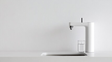 Modern white faucet filling glass, minimalist kitchen
