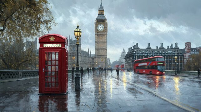A rainy London scene featuring a red telephone booth, Big Ben, and a double-decker bus.