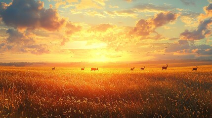 Fototapeta premium Serene Landscape at Sunset with Grazing Deer in Golden Field