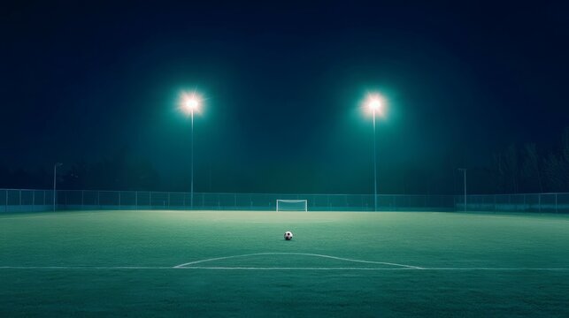 A serene nighttime soccer field with a single ball at the center, illuminated by floodlights.