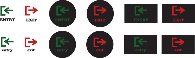 Enter and exit icon set. Entry and out sign black flat and line vector collection isolated on transparent background. Red and green sign with arrow symbol. Login logout register password vip entrance