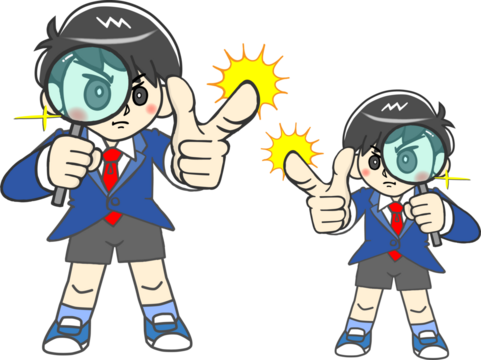 虫眼鏡を構え問題解決し指差して指摘する賢い少年