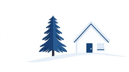 Fototapeta premium Snowy winter house, tree, postcard