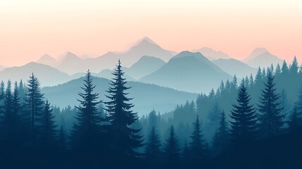 Serene Mountain Range Silhouette with Forest Trees