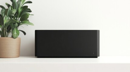 Fototapeta premium Black speaker on shelf, plant beside, white room