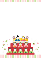 ひな祭りのイラスト　雛人形とひし餅や桃を散らしたフレーム　春3月の行事のベクターイラスト05