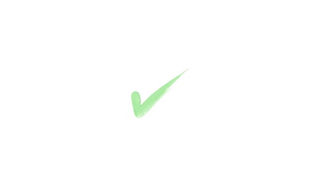 Dynamic animation brushstroke checkmark or rick in vivid green tones, featuring expressive paint texture and gestural movement, capturing the energy of spontaneous artistic validation or approval