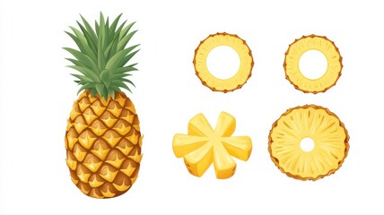 Fresh Pineapple with Sliced Fruit Illustrations on White Background