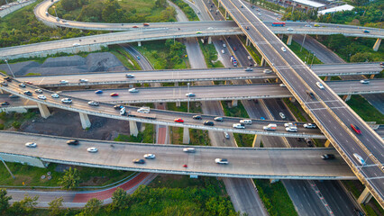 Aerial view city asphalt traffic intersection cross road with car vehicle movement