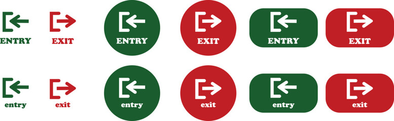Enter and exit icon set. Entry and out sign black flat and line vector collection isolated on transparent background. Red and green sign with arrow symbol. Login logout register password vip entrance