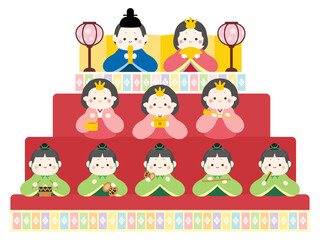 Obraz premium ひな祭りのイラスト かわいい雛人形の三段の壇飾りの挿し絵 春3月の行事のベクターイラスト