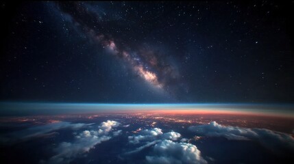 Obraz premium Stunning view of the Milky Way galaxy above a serene horizon with clouds at twilight