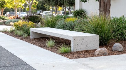Modern concrete park bench in landscaped area
