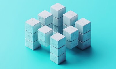 Abstract stone cubes structure, teal background,  connection concept, website design