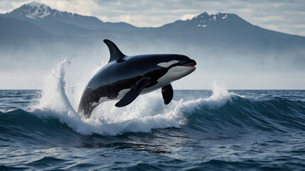 Fototapeta premium Wild orca whale leaping from the ocean, creating a powerful splash against the scenic backdrop of misty mountains, capturing the dramatic beauty and freedom of marine life in its natural habitat.