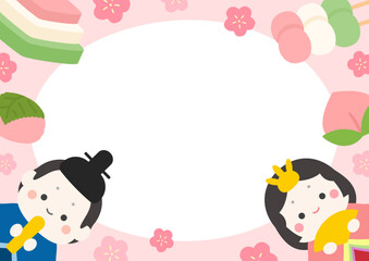 ひな祭りのかわいいフレーム、ひな人形と花とひし餅や桃や桜餅04