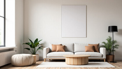 Elegant Living Room Interior Featuring a Blank Poster Frame Mockup on the Wall for Artwork or Branding Display