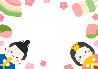 ひな祭りのかわいいフレーム、ひな人形と花とひし餅や桃や桜餅01