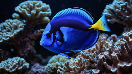 Obraz premium Regal Blue Tang swimming through a vibrant coral reef, showcasing the diversity of marine life and the stunning underwater scenery in a tropical ocean habitat.