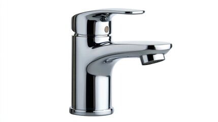Chrome sink faucet, bathroom fixture, water flow, clean background, home improvement