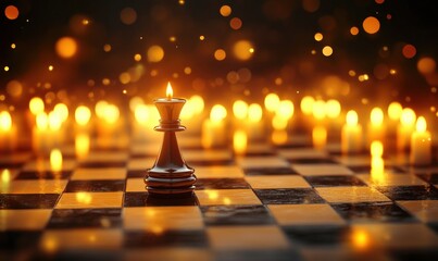 Black chess king on board, candlelight background, strategy concept, stock photo