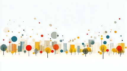 Abstract Cityscape with Colorful Trees and Circles